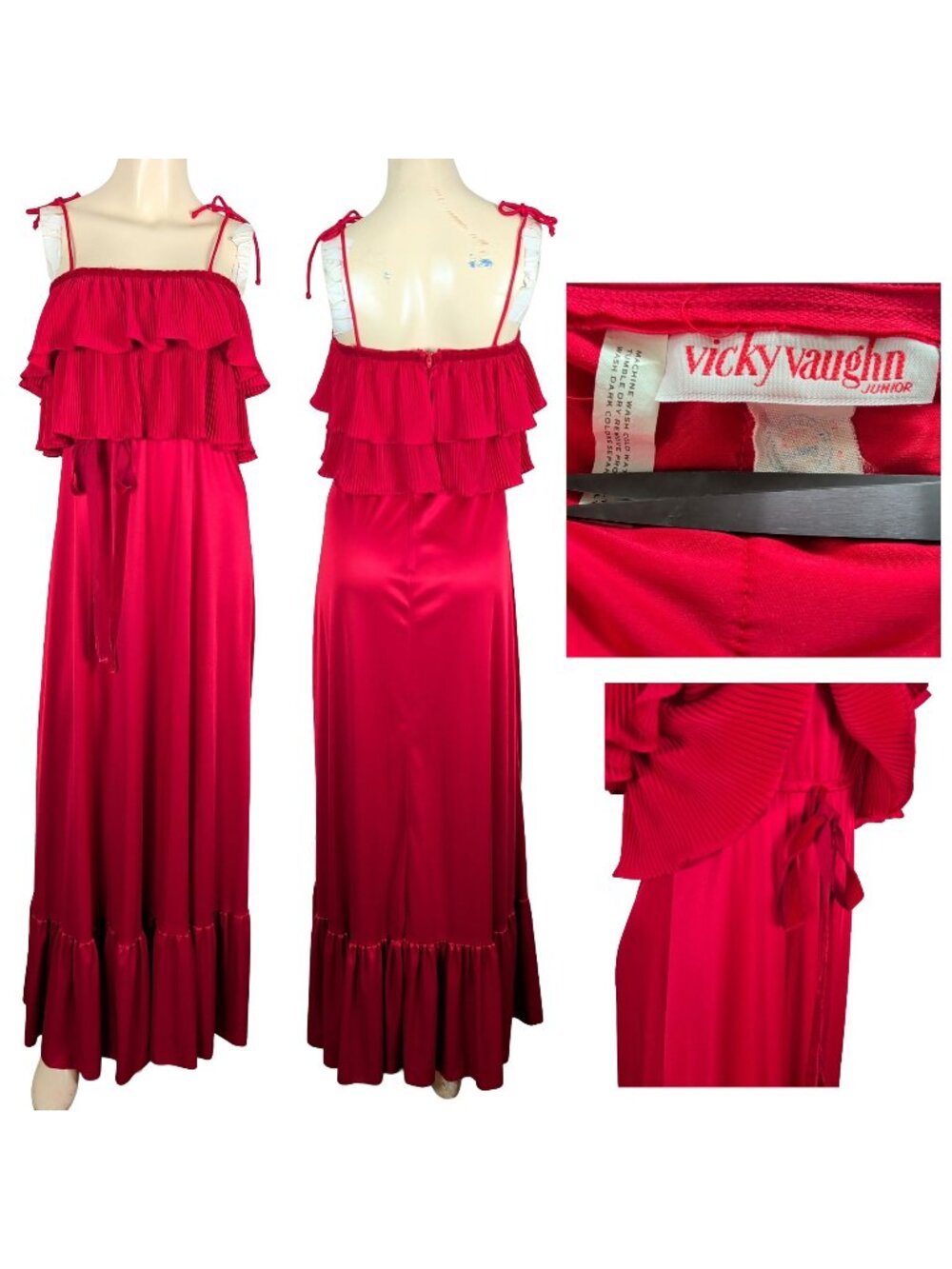 Vintage 70s Vicky Vaughn Red Satin Maxi Dress Ruffle Pleated bohemian Romantic